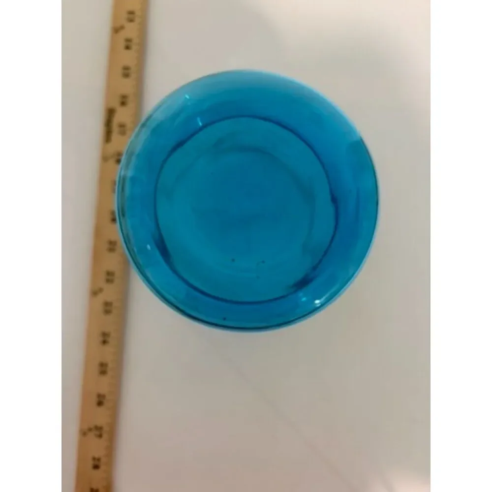 vtg aqua glass footed vase with etched floral design